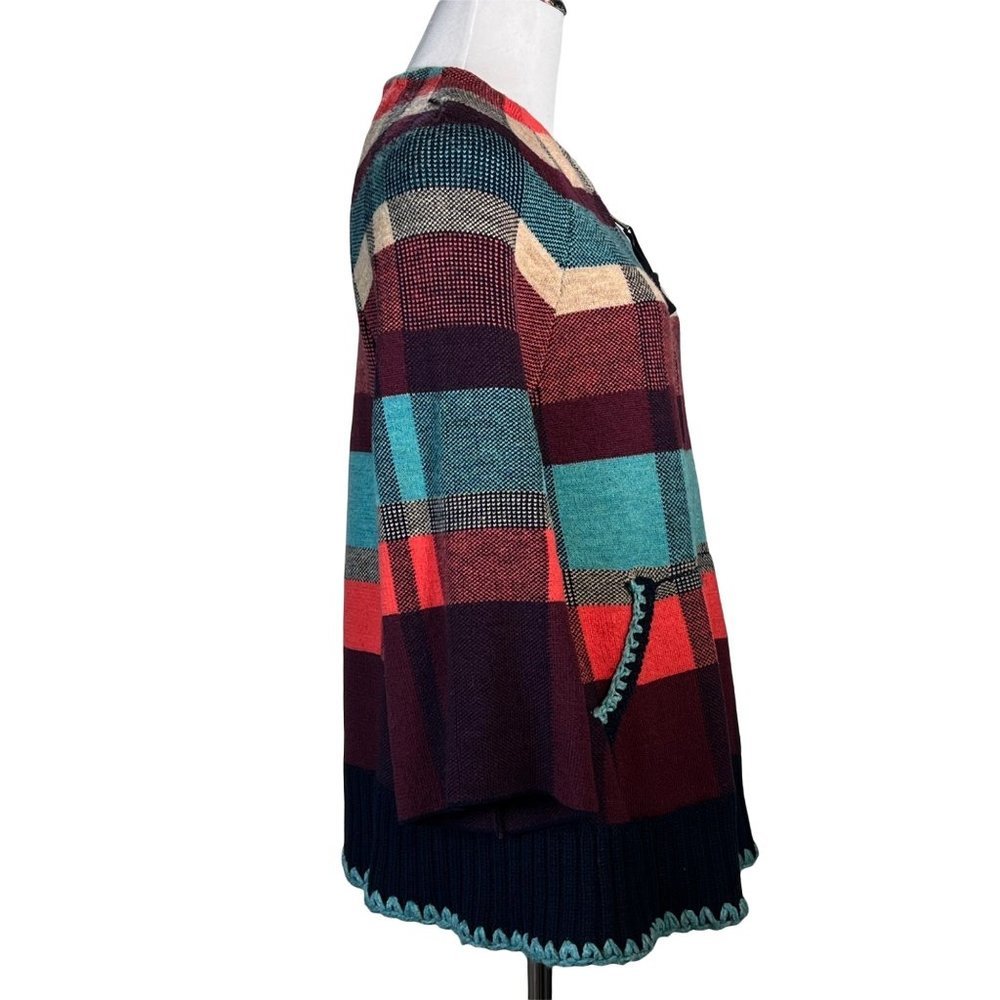 HWR Monogram Cardigan X Small Plaid Zip Up Swing Sweater Jacket Pockets Red Blue - Picture 3 of 13